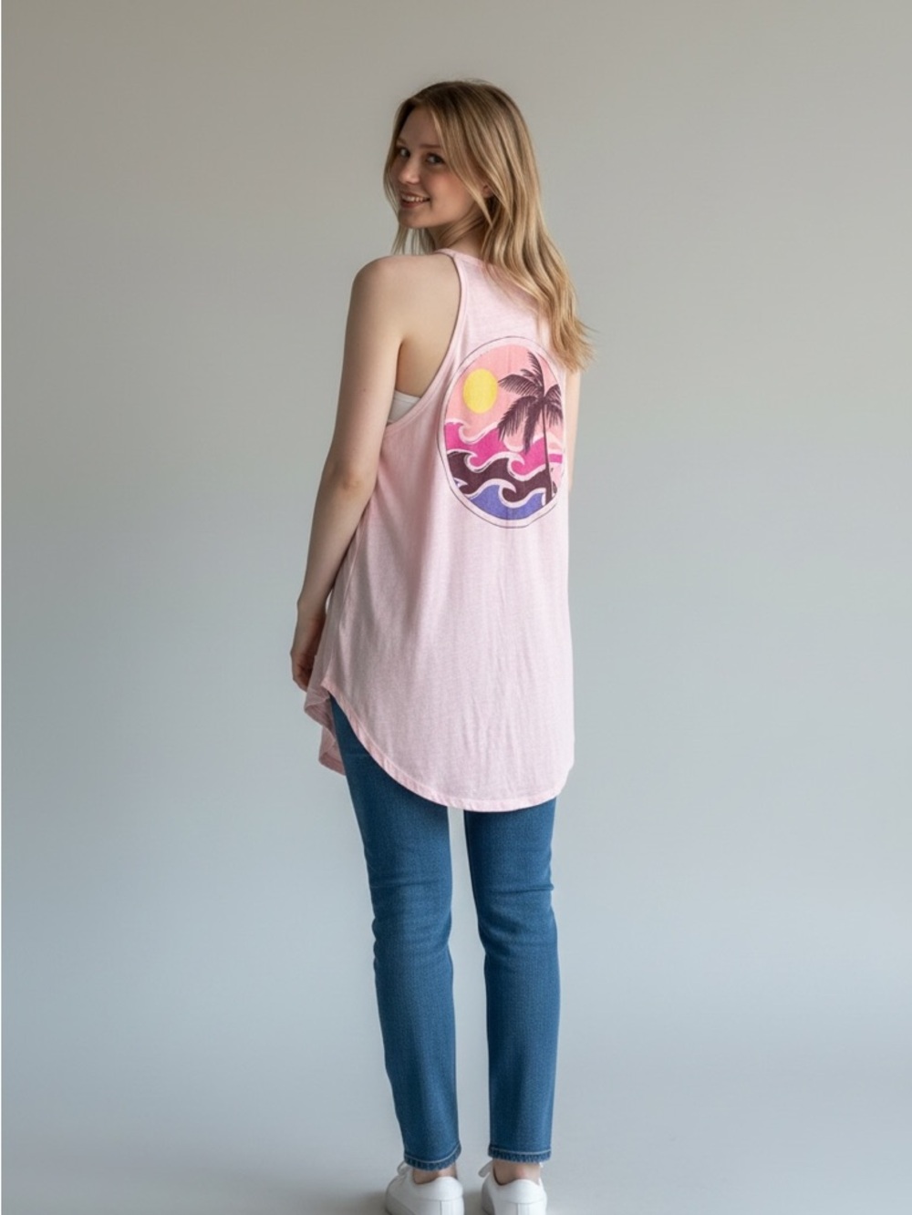 Cotton On Sheer Pink Tunic Long Coverup Sunset Palm Print Tank Top XS/S